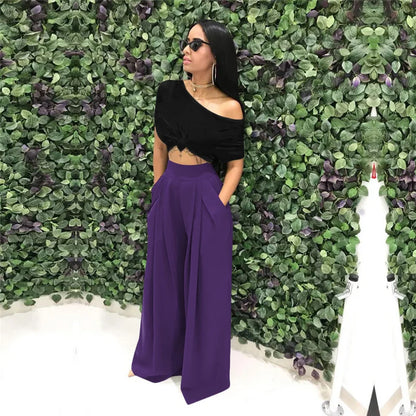 Women Casual Loose Palazzo Pants Autumn High Waisted Wide Leg Trousers Pleated Long Culottes Pants Elastic Waist Trouser Pockets