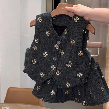 Kids Girls 2-Piece Clothing Set V-Neck Woolen Vest And Pleated Half-Length Skirt Autumn Winter Children&