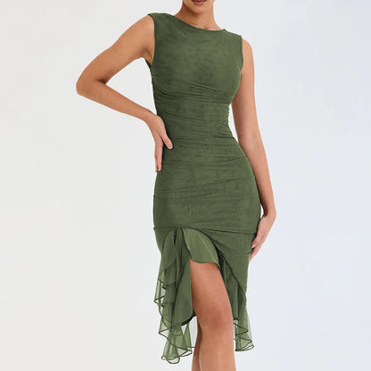 2025 Spring And Summer Sleeveless Dresses Women New Fashion Mesh Tight Solid Color Elegant Temperament Irregular Hem Vestidos