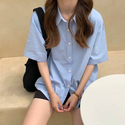 Short Sleeve Shirts Women Solid Cool Unisex College Рубашки Korean Style All-match Basic Mujer De Moda Prevalent Stylish Ins New