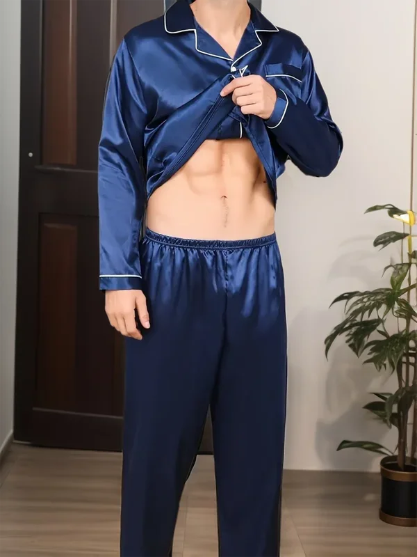 Men Pajama Sets Microfiber Sleepwear For Sleeping Man Shirt Satin Long Sleeve Pyjama Male Home Night Wear Plus Size Loungewear