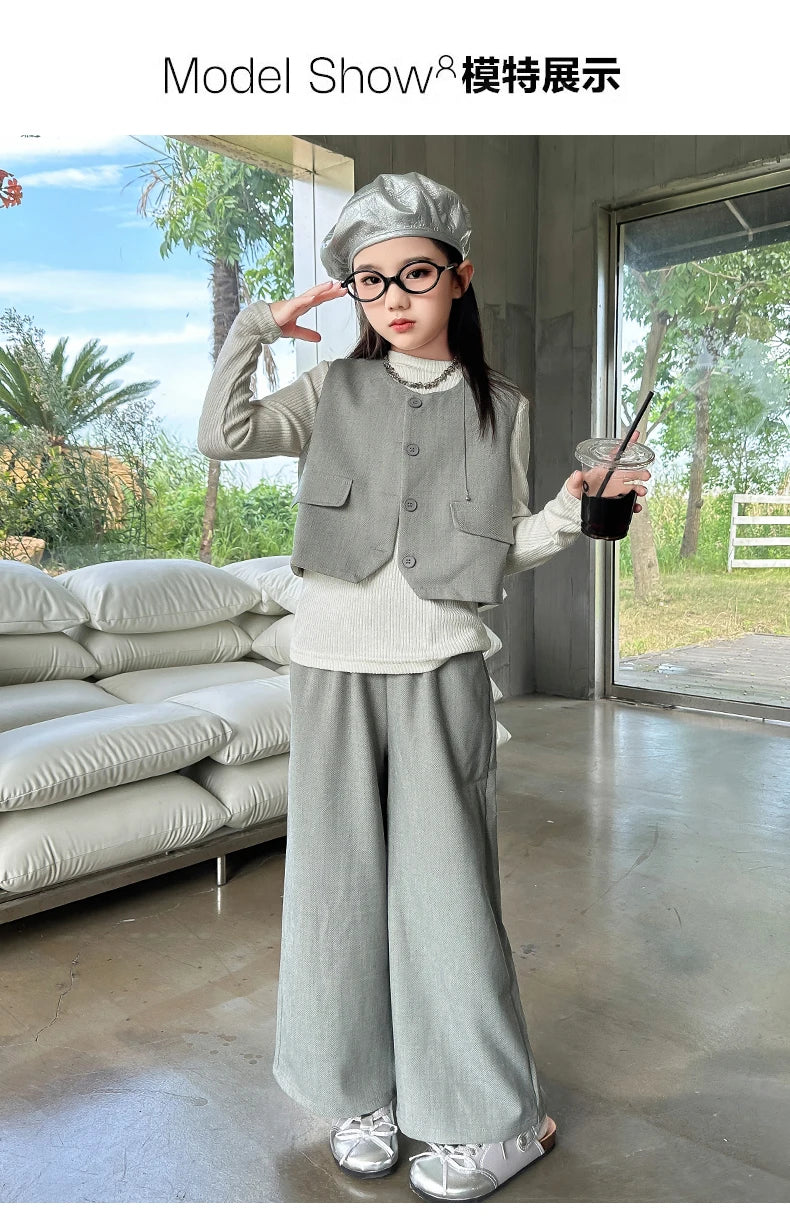 Design junior girls clothes set Round neck vest+cotton t-shirt+Wide leg pants 3pcs teenage kids clothing suit chidren outfits 14