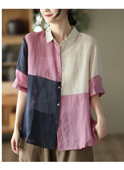 Cotton and Linen Shirt for Women Fashionable and Versatile Cardigan Lapel Top Thin Blouse Patchwork Casual Chic Female Clothes