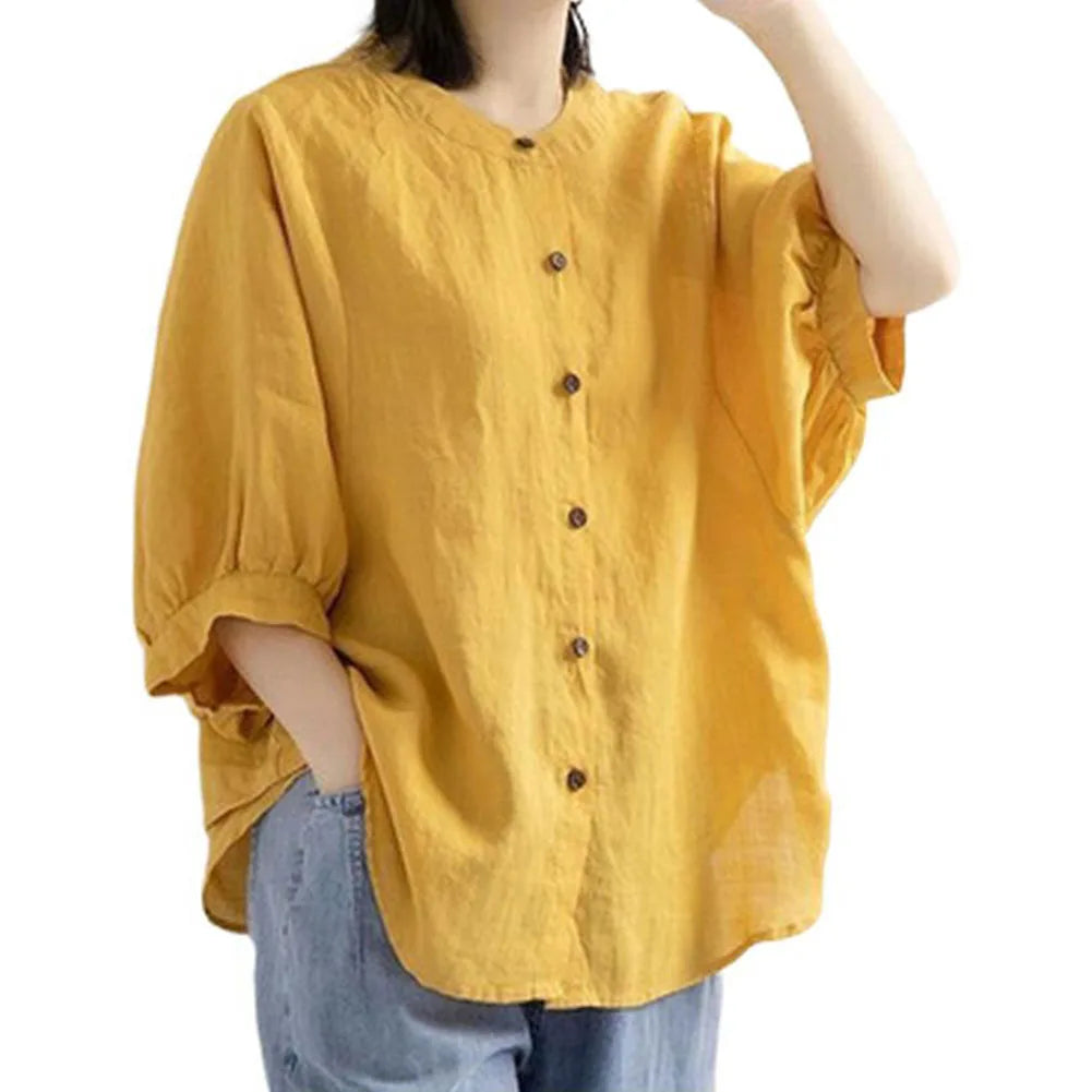 Casual Long Sleeve Cotton Linen Blouses Female Loose Fit Vintage Style Shirts Comfortable Lightweight Breathable Tops
