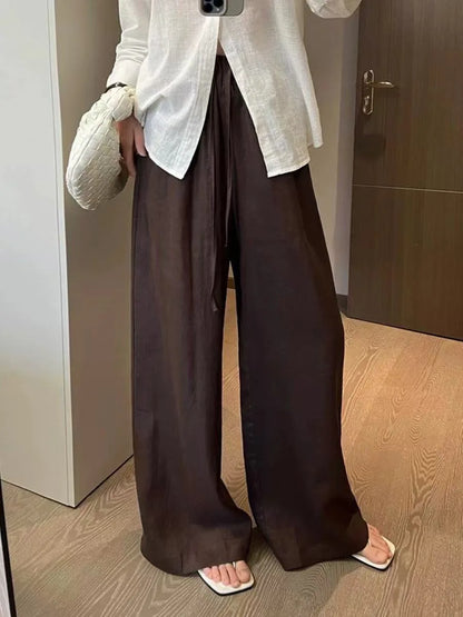Summer High Waist Linen Pants Women Men Fashion Boho Wide Leg Palazzo Trousers Brown Casual Loose Beach Drag Pants