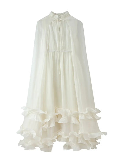 Women Elegant Ruffles Hem Beige Long Evening Dress Sleeveless Cloak Style Maxi Dresses