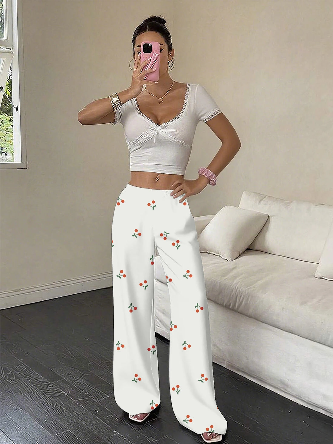 Cute Cherry Print Palazzo Pants Plus Size, High Waist Cottagecore Trousers, Elegant Flowy Wide Leg Slacks for Curvy Women