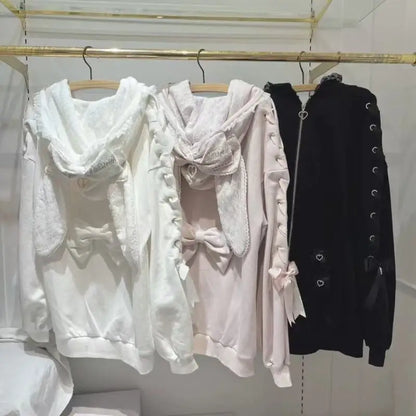 Hoodies Women 2025 Autumn New Sweet Bunny Ear Lace Hooded Sweatshirt for Women Cute Loose Tie Long Sleeve Jacket