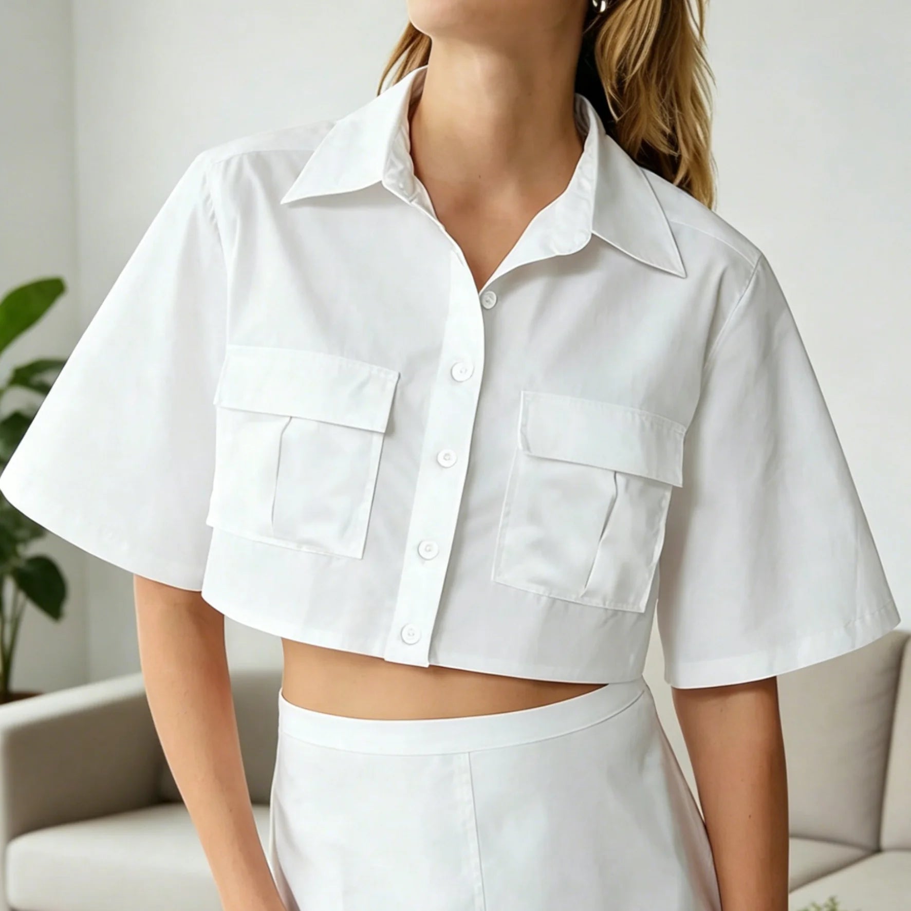 Cropped Button Down Shirt for Women Short Sleeve Collared Blouse with Flap Pockets Casual Office Streetwear Summer Crop Top