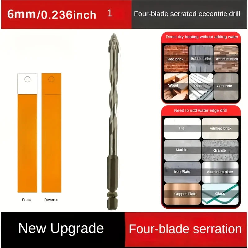 7-piece set, 4-flute carbide drills for ceramic, cast iron and concrete - Hex shank dry drilling tools.