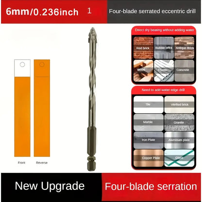 7-piece set, 4-flute carbide drills for ceramic, cast iron and concrete - Hex shank dry drilling tools.