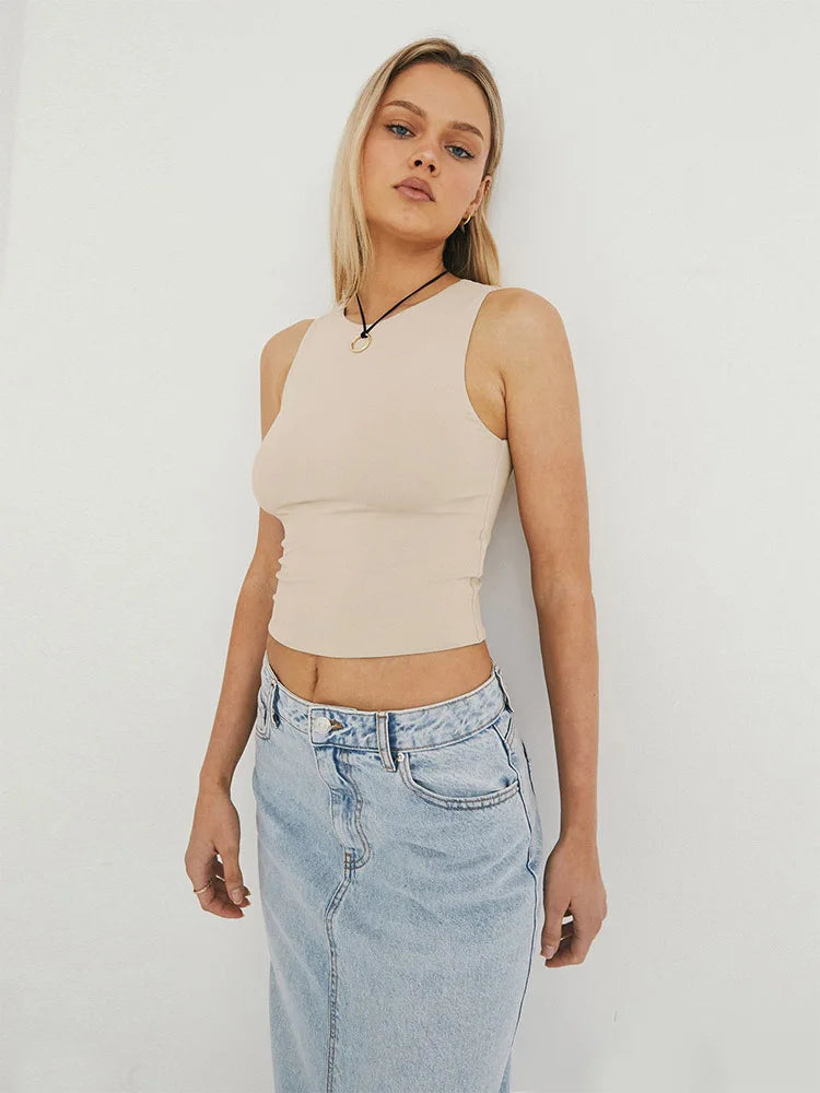 Sleeveless tight bottom shirt, round neck I-shaped solid color top, casual vest