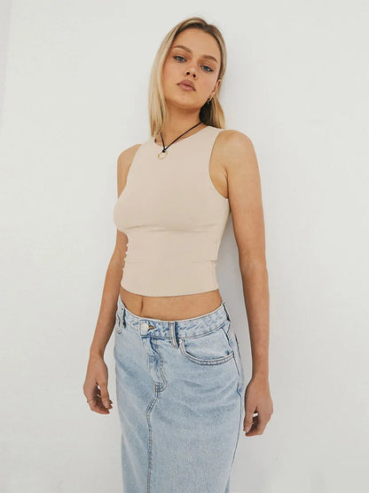 Sleeveless tight bottom shirt, round neck I-shaped solid color top, casual vest