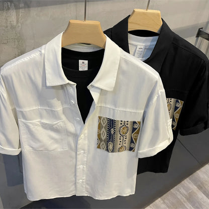 Short Sleeve With Pocket Male Shirts Button Up Print Loose Men&