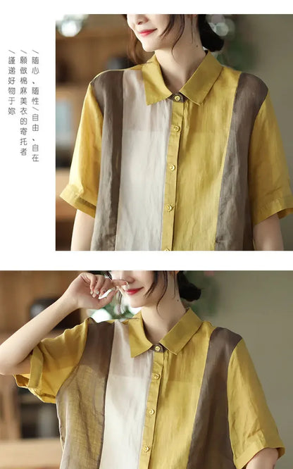 Cotton and Linen Shirt for Women Fashionable and Versatile Cardigan Lapel Top Thin Blouse Patchwork Casual Chic Female Clothes