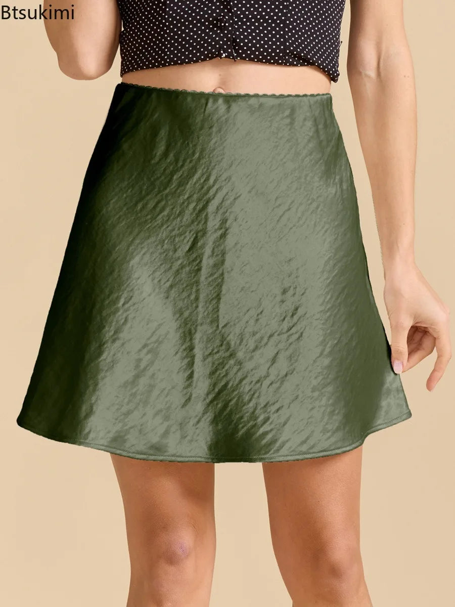 Summer Short Skirts for Women Office Wear Solid Color A Line Luxury Mini Satin Skirt Ladies High Waist Simple Women&