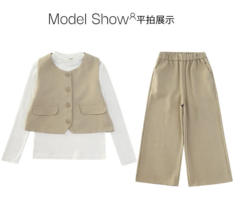 Design junior girls clothes set Round neck vest+cotton t-shirt+Wide leg pants 3pcs teenage kids clothing suit chidren outfits 14