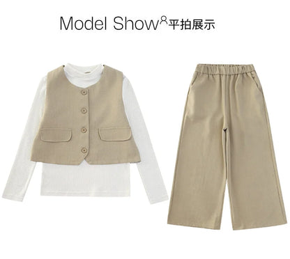 Design junior girls clothes set Round neck vest+cotton t-shirt+Wide leg pants 3pcs teenage kids clothing suit chidren outfits 14