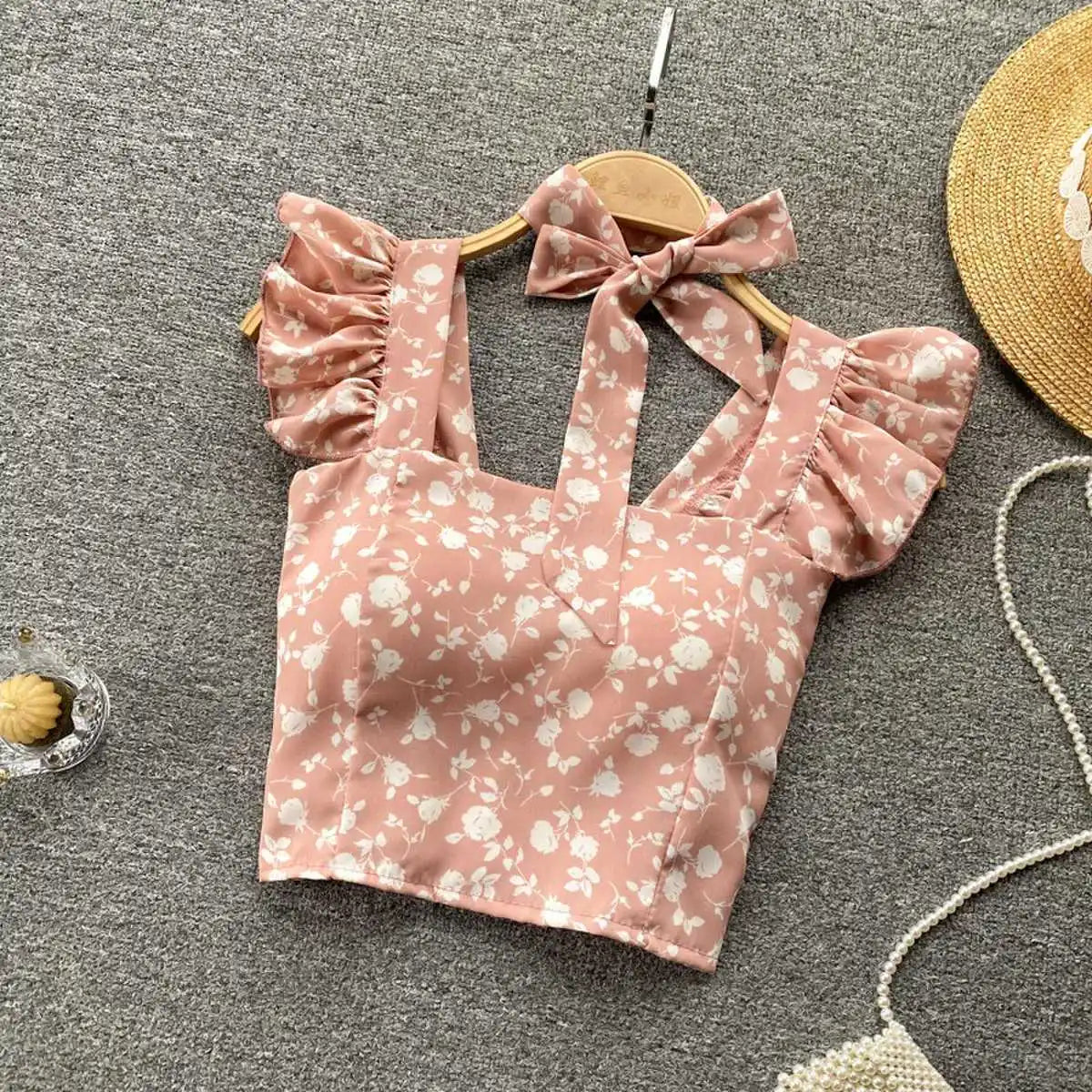 Crop Tops Camis Women Ruffles Sexy Elegant Simple Streetwear Vintage Summer Holiday Casual Young Aesthetic All-match Ulzzang New