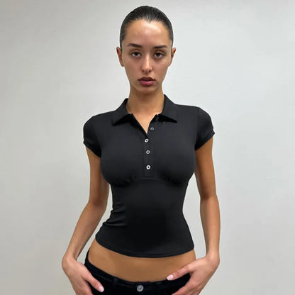 Turn-down Collar T Shirts For Women Streetwear Short Sleeve Crop Top Y2k Clothes Buttons Tshirt Solid Camisetas Slim Ropa Mujer