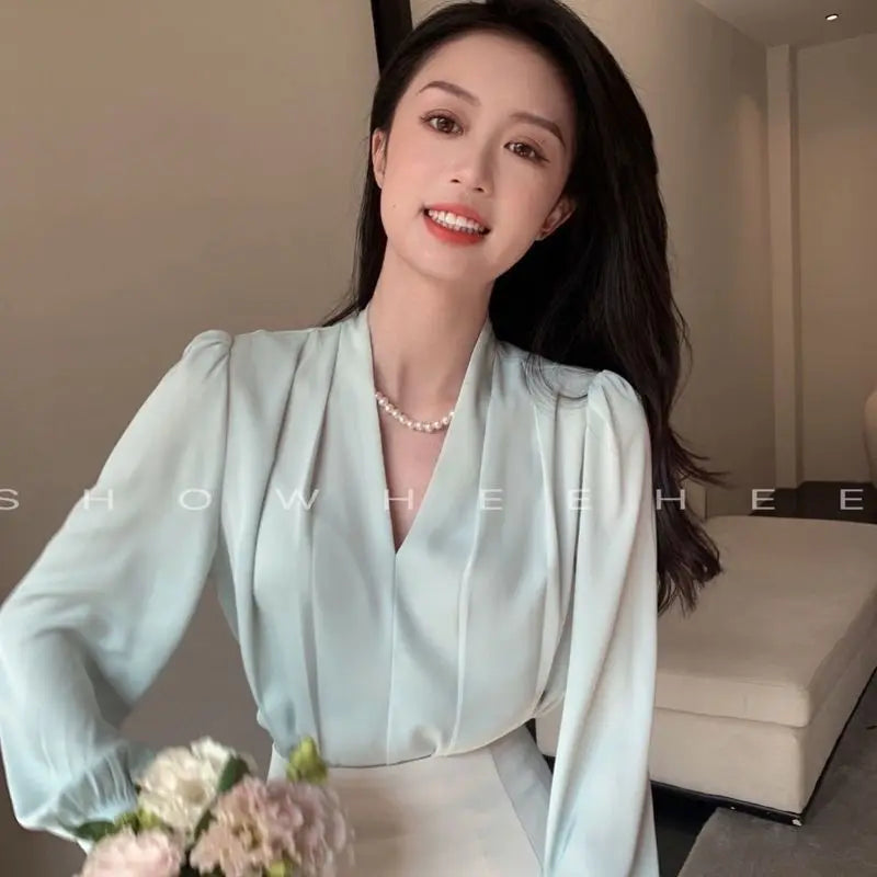 Women Clothing Fashion Loose V-Neck Chiffon Top Spring Autumn Elegant Long Sleeve Blouse Office Lady Simplicity Cozy Solid Shirt