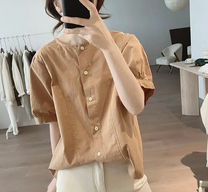 Women Round Neck Blouse Short Sleeve Button Down Loose Casual Solid Color Summer Shirt