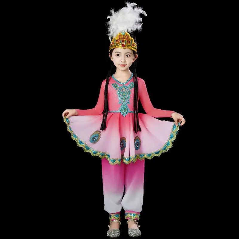 Kazakhstan Dance Costumes For Girls National Clothes Kids Halloween Carnival Clothing Stage Performance Clothing (Hat+Clothes)
