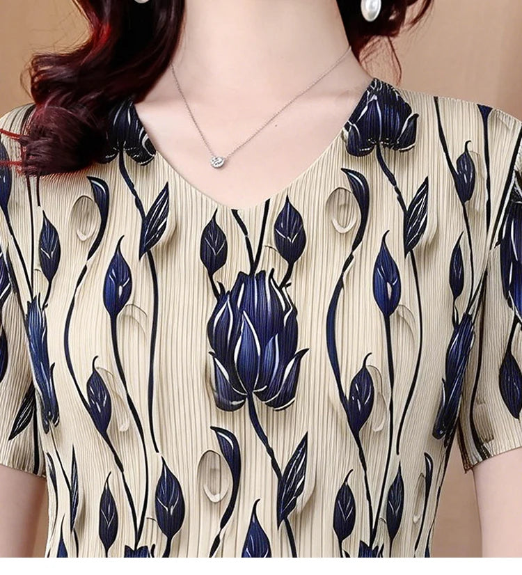 Elegant Pleated Maxi Dress for Women Summer Fashion High Waist A-Line Skirt Short Sleeve round Neck Iron-Free Business Wear