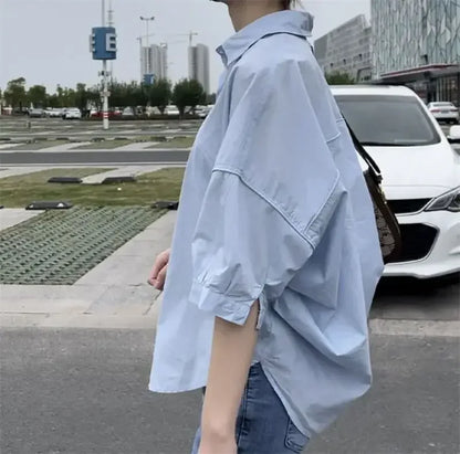 Women Blouses Elegant Streetwear Office Casual Loose Button Up White Blue Long Sleeve Vintage Oversize Shirt Tops