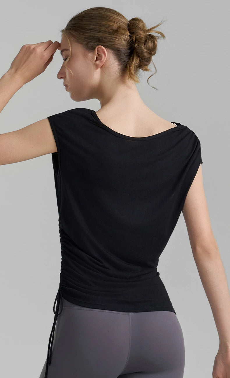 Sleeveless Pleated Cover Shirt with Drawstring, Tight Waist, High-end Feeling, Breathable and Slimming Sports T-shirt