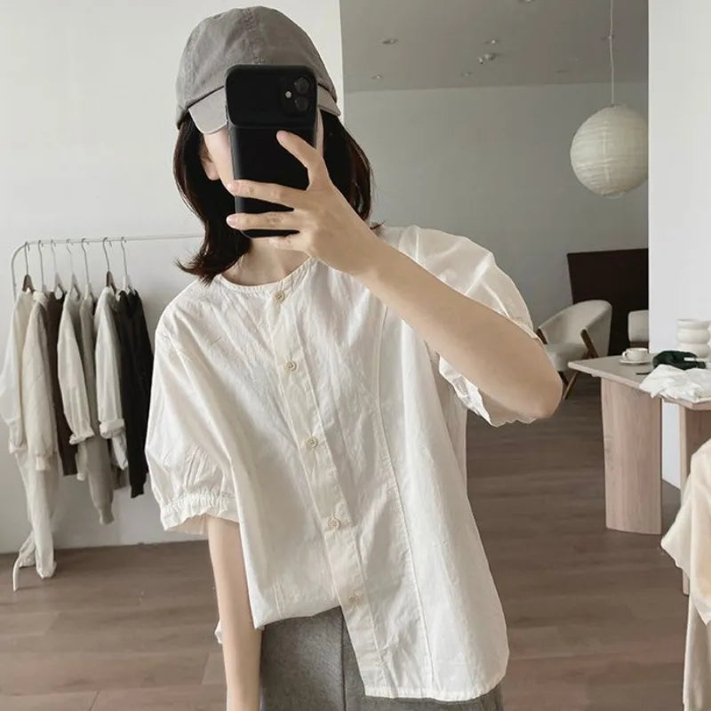 Women Round Neck Blouse Short Sleeve Button Down Loose Casual Solid Color Summer Shirt