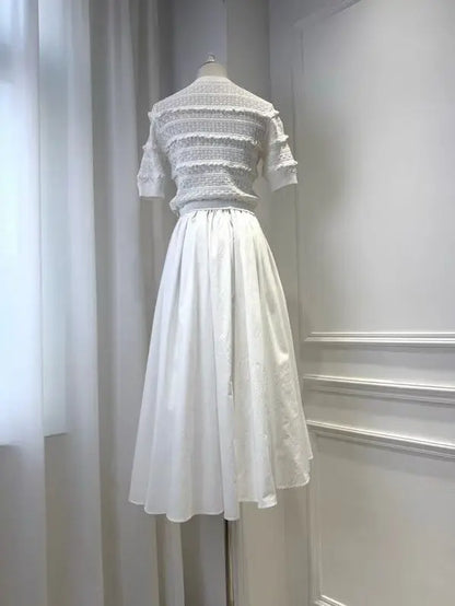Women White Fashion Set short sleeve knit sweater tops + high waist fashion midi skirt