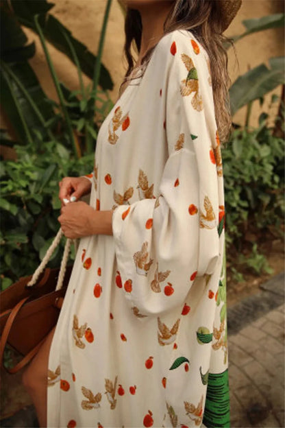 Bird Flower Print Kaftans for Woman Tunicas Femininas Beach Cover Up 2026 Summer Maxi Beach Wear Outfits Kaftan Dresses Womens