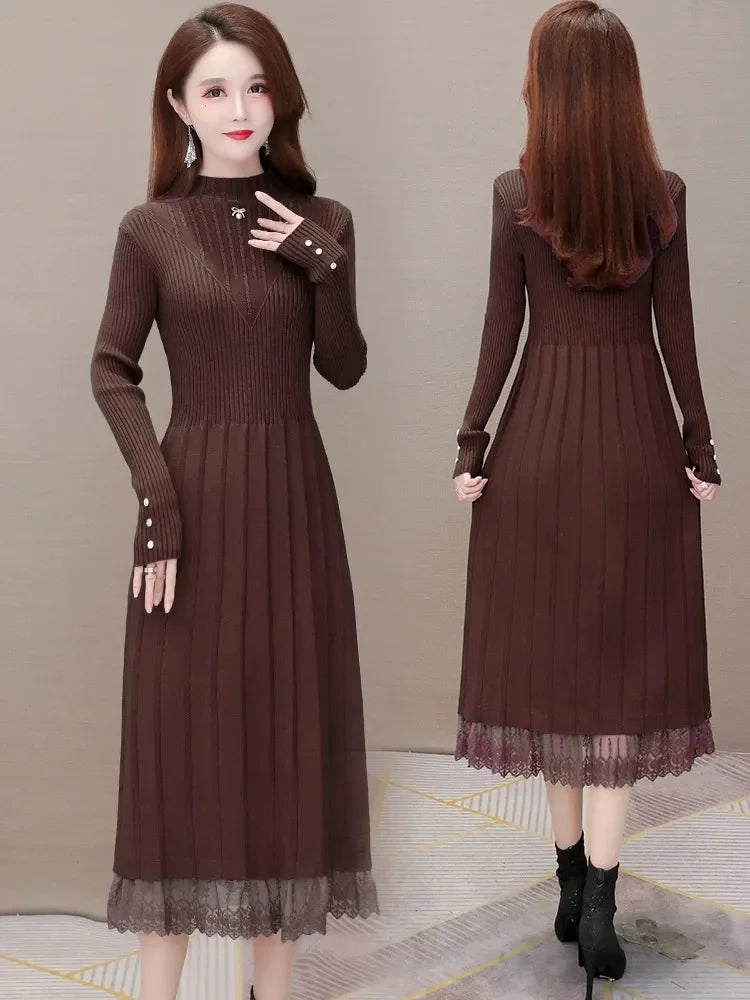 Elegant Fashion Women Dresses With Lace Trim And Knit Design For Autumn Winter