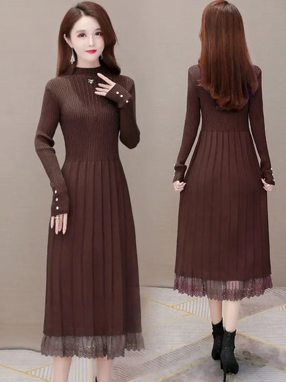 Elegant Fashion Women Dresses With Lace Trim And Knit Design For Autumn Winter