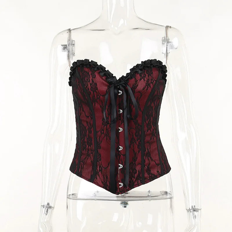 Tube Top Gothic Printed Lace Trim Sleeveless Metal Buttons Lace-up Corsets Tank Top Court Elegant Fairy Grunge Top