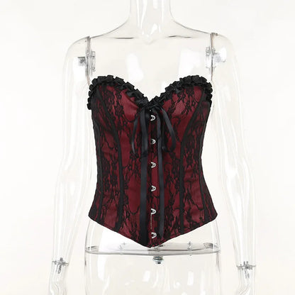 Tube Top Gothic Printed Lace Trim Sleeveless Metal Buttons Lace-up Corsets Tank Top Court Elegant Fairy Grunge Top