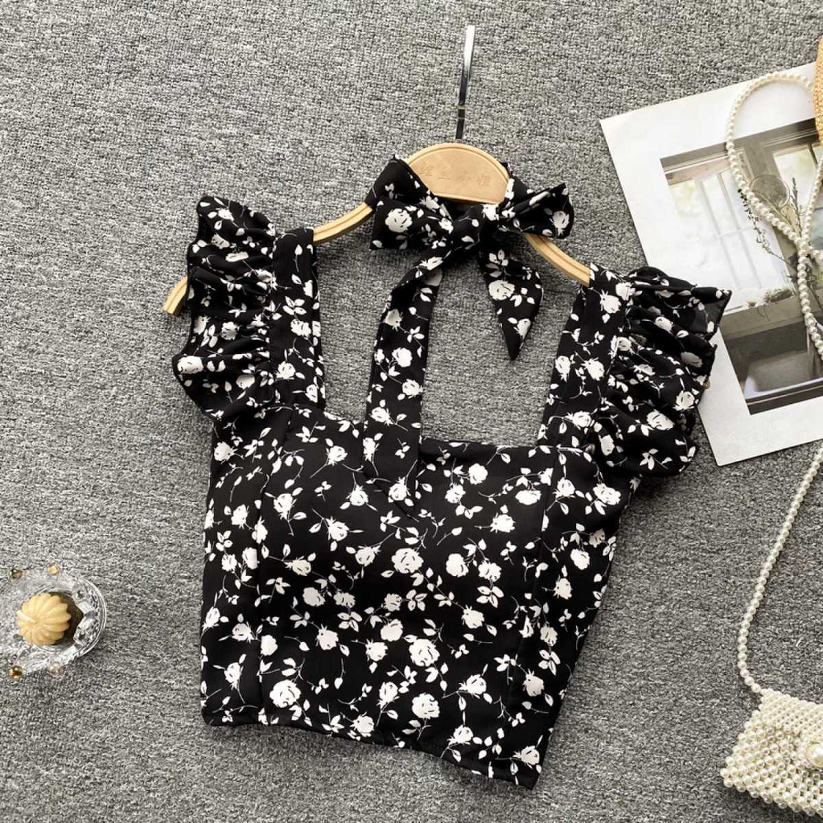 Crop Tops Camis Women Ruffles Sexy Elegant Simple Streetwear Vintage Summer Holiday Casual Young Aesthetic All-match Ulzzang New