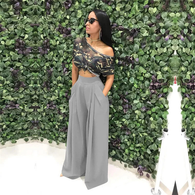 Women Casual Loose Palazzo Pants Autumn High Waisted Wide Leg Trousers Pleated Long Culottes Pants Elastic Waist Trouser Pockets