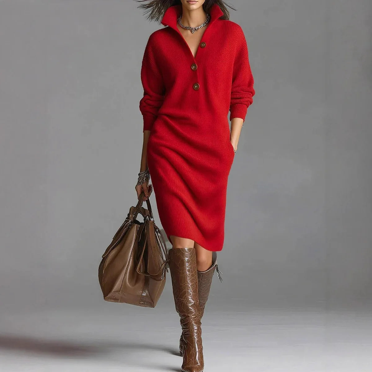 Sweater Knitted Dress Fashion Autumn Winter Casual  Knitted Vestidos Single Breasted Turtleneck Robe Femme Fashion Maxi Dresses