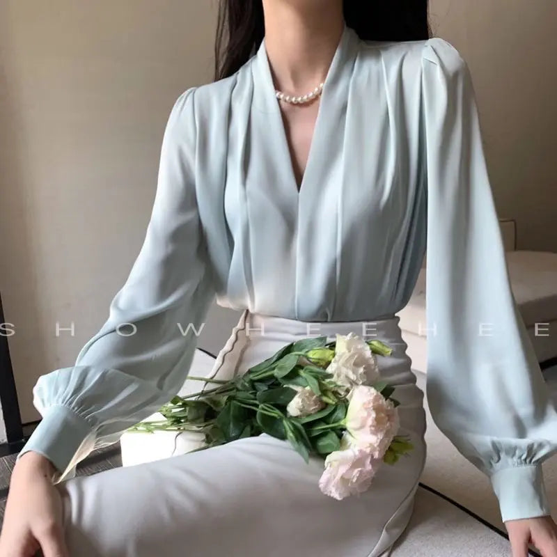Women Clothing Fashion Loose V-Neck Chiffon Top Spring Autumn Elegant Long Sleeve Blouse Office Lady Simplicity Cozy Solid Shirt