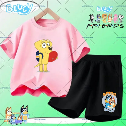 Vacation Kawaii Kids 2PCS Clothing Bluey Cartoon Print T-Shirt And Shorts Summer Casual Street Style Light Outfit Age 3-14 Years