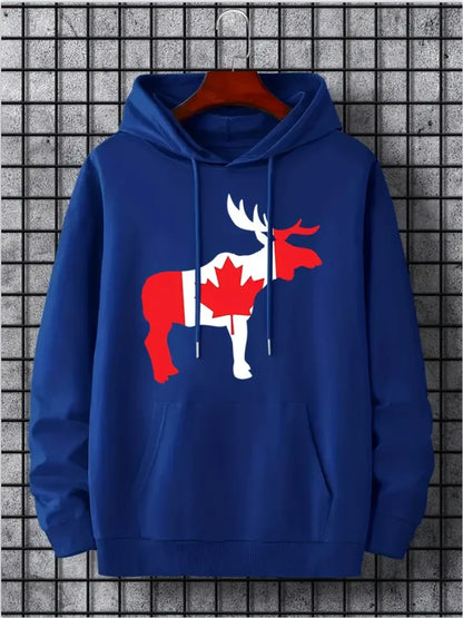 Hoodies For Men, Maple Leaf Canada Print Hoodie, Men’s Casual Pullover Hooded Sweatshirt With Kangaroo Pocket For Spring Fall