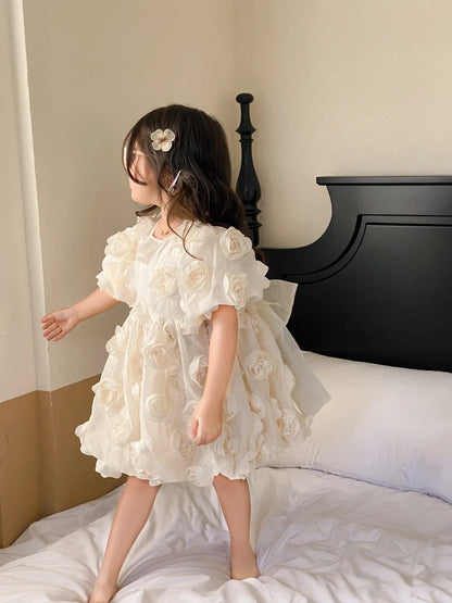 Children Clothing Korean Kids Clothes 2023 Spring and Summer Girls Flower Princess Dress Short Sleeve Sweet Cute Elegant Dress