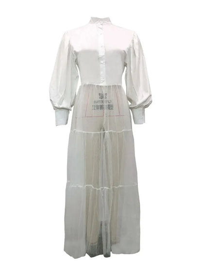 CM.YAYA Women Summer Long Sleeve Maxi Blouses Mesh Patchwork Long Dress Vintage Sexy Club Maxi Dresses