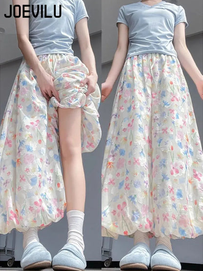 Summer French Style Floral Palazzo Pants Women High Waist Loose Boho Print Wide Leg Trousers with Drapery Comfortable &amp; Elegant
