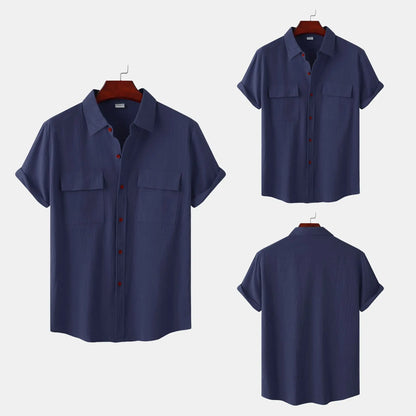 Turn Down Collar Men Shirts Solid Short Sleeve Shirts Single Breasted Casual Shirt Buttons Cardigan Sports Loose Breathable