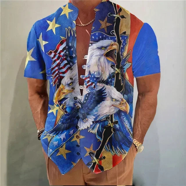 Men Shirts New Print Button Short Sleeves Shirt Fashion Stand Collar Loose Fitting Men&
