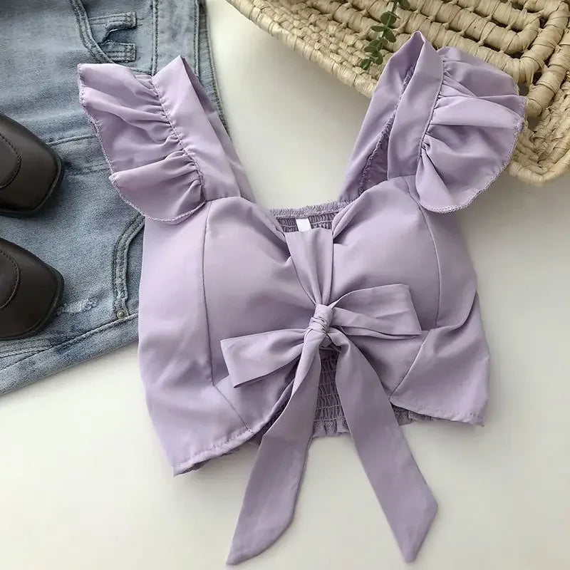 Crop Tops Camis Women Ruffles Sexy Elegant Simple Streetwear Vintage Summer Holiday Casual Young Aesthetic All-match Ulzzang New