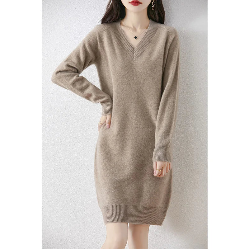 Fashion Autumn Winter Dress Women100%Merino Wool V-neck Long-sleeved Dress Women&